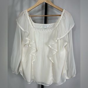 NEW Madison Grey Ivory Blouse Pin Tuck Ruffle Chiffon Top Lace Crochet Shirt XXL